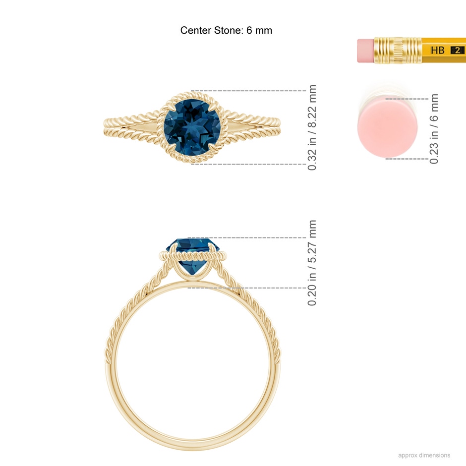 6mm AAA London Blue Topaz Twist Rope Split Shank Ring in Yellow Gold ruler