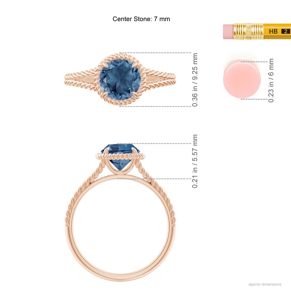 7mm A London Blue Topaz Twist Rope Split Shank Ring in Rose Gold ruler