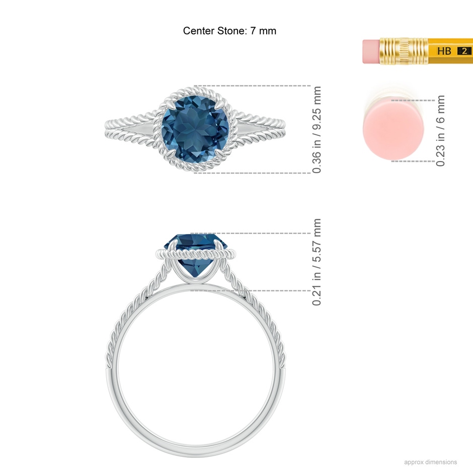 7mm AA London Blue Topaz Twist Rope Split Shank Ring in White Gold ruler