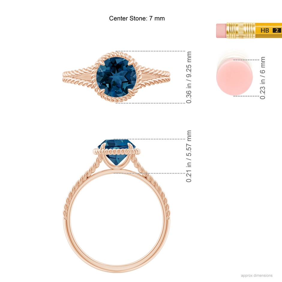 7mm AAA London Blue Topaz Twist Rope Split Shank Ring in Rose Gold ruler