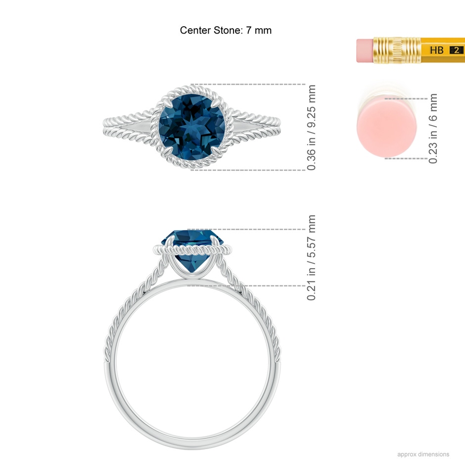 7mm AAA London Blue Topaz Twist Rope Split Shank Ring in White Gold ruler
