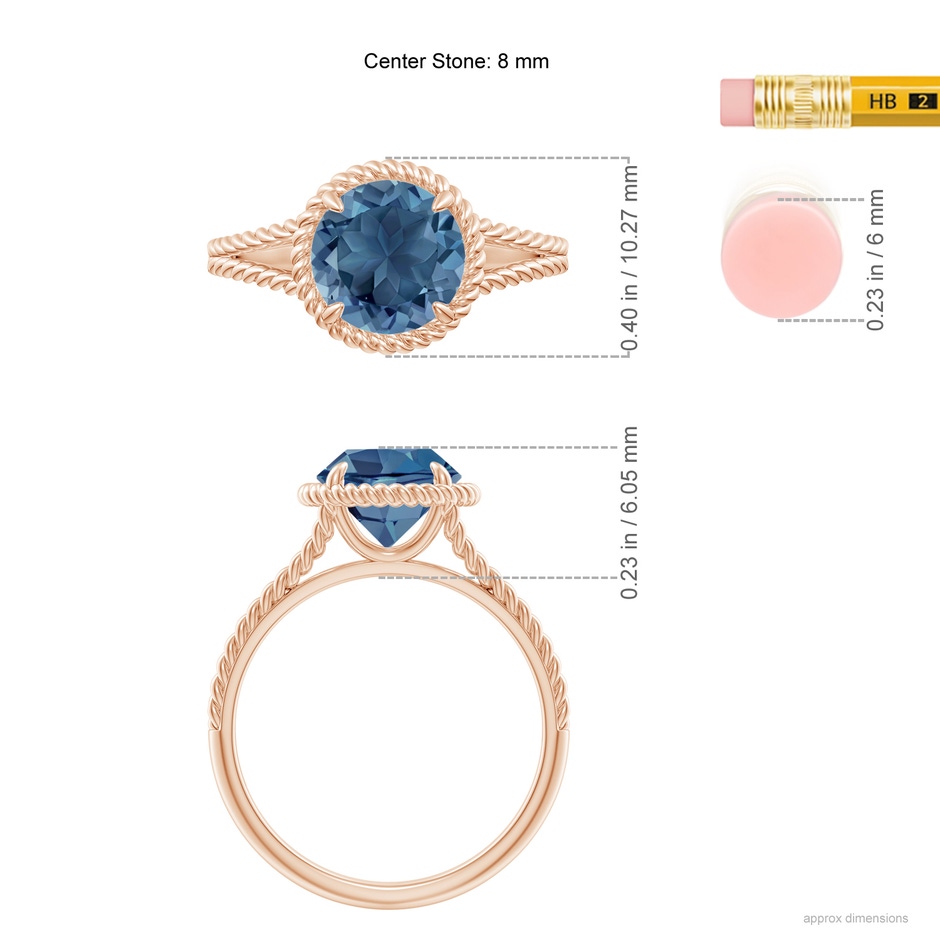 8mm A London Blue Topaz Twist Rope Split Shank Ring in Rose Gold ruler
