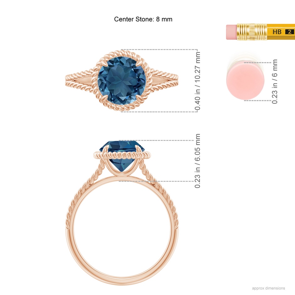 8mm AA London Blue Topaz Twist Rope Split Shank Ring in Rose Gold ruler