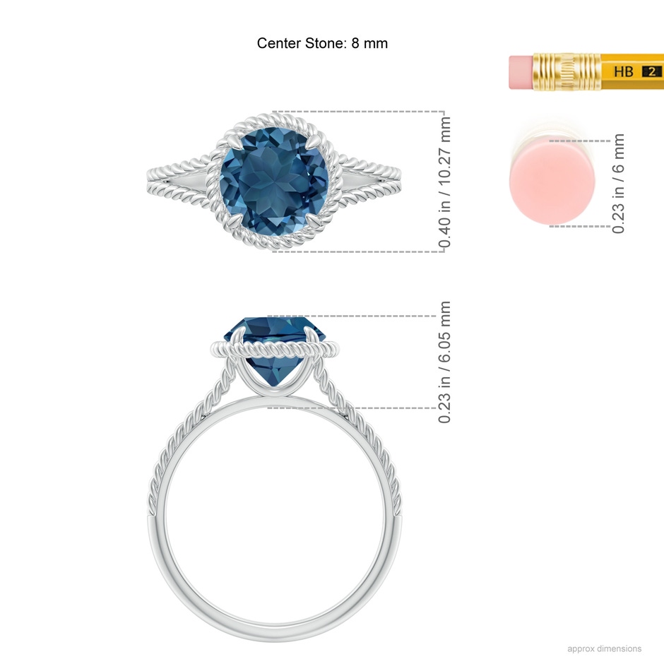 8mm AA London Blue Topaz Twist Rope Split Shank Ring in White Gold ruler