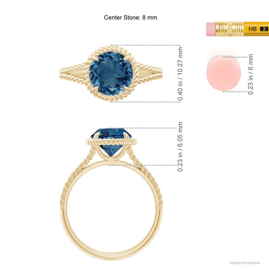 8mm AA London Blue Topaz Twist Rope Split Shank Ring in Yellow Gold ruler