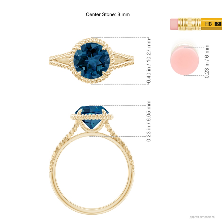 8mm AAA London Blue Topaz Twist Rope Split Shank Ring in Yellow Gold ruler