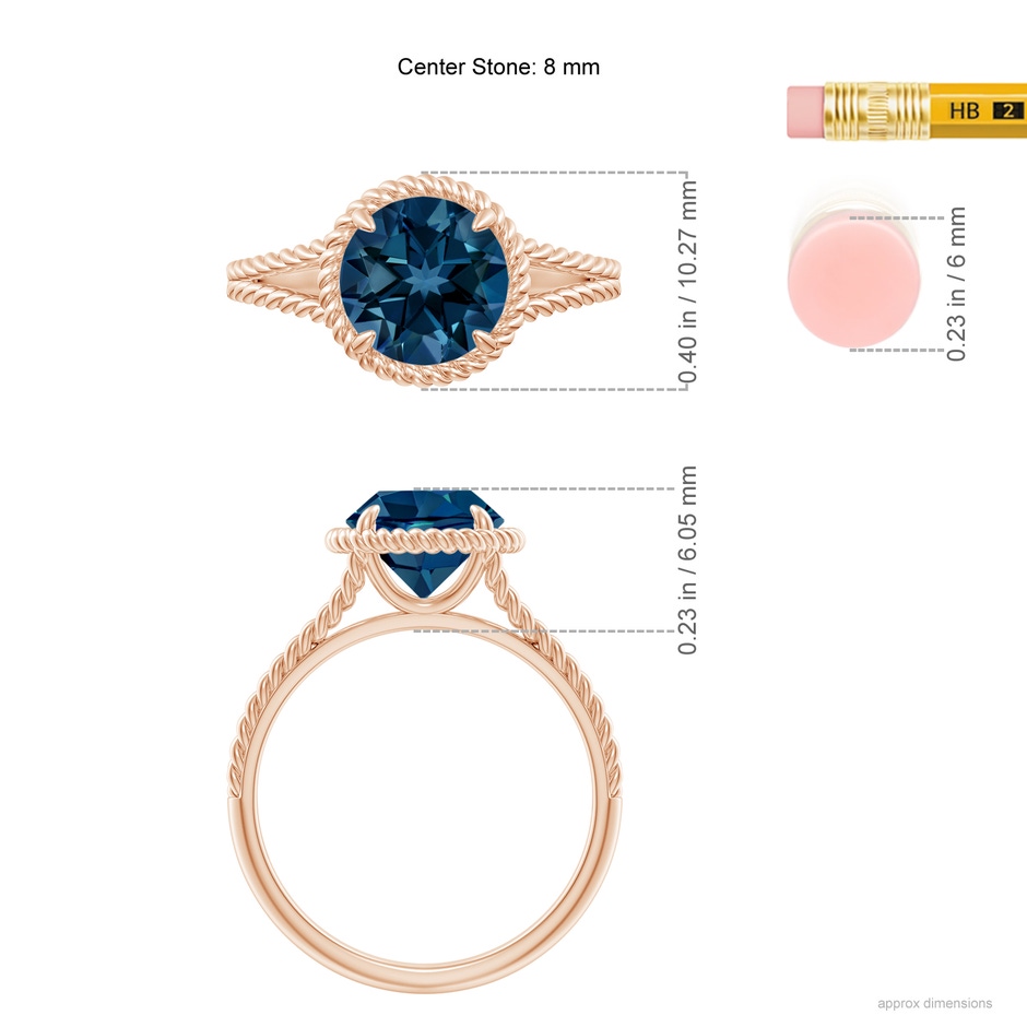 8mm AAAA London Blue Topaz Twist Rope Split Shank Ring in Rose Gold ruler