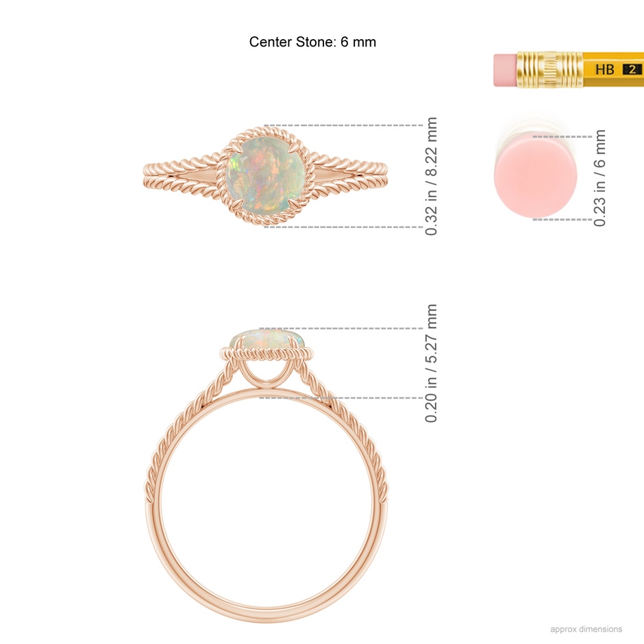 6mm AAAA Opal Twist Rope Split Shank Ring in Rose Gold ruler