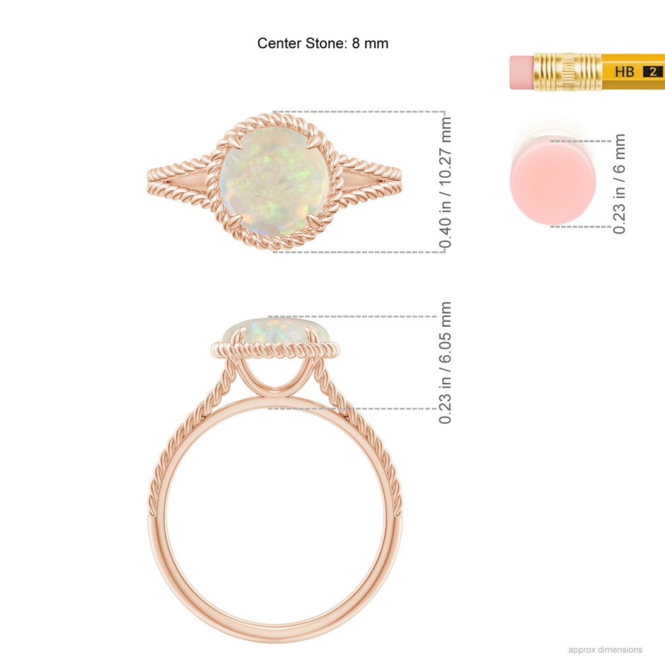 8mm AAA Opal Twist Rope Split Shank Ring in Rose Gold ruler