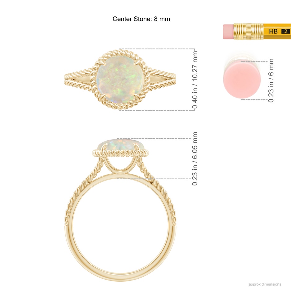 8mm AAA Opal Twist Rope Split Shank Ring in Yellow Gold ruler