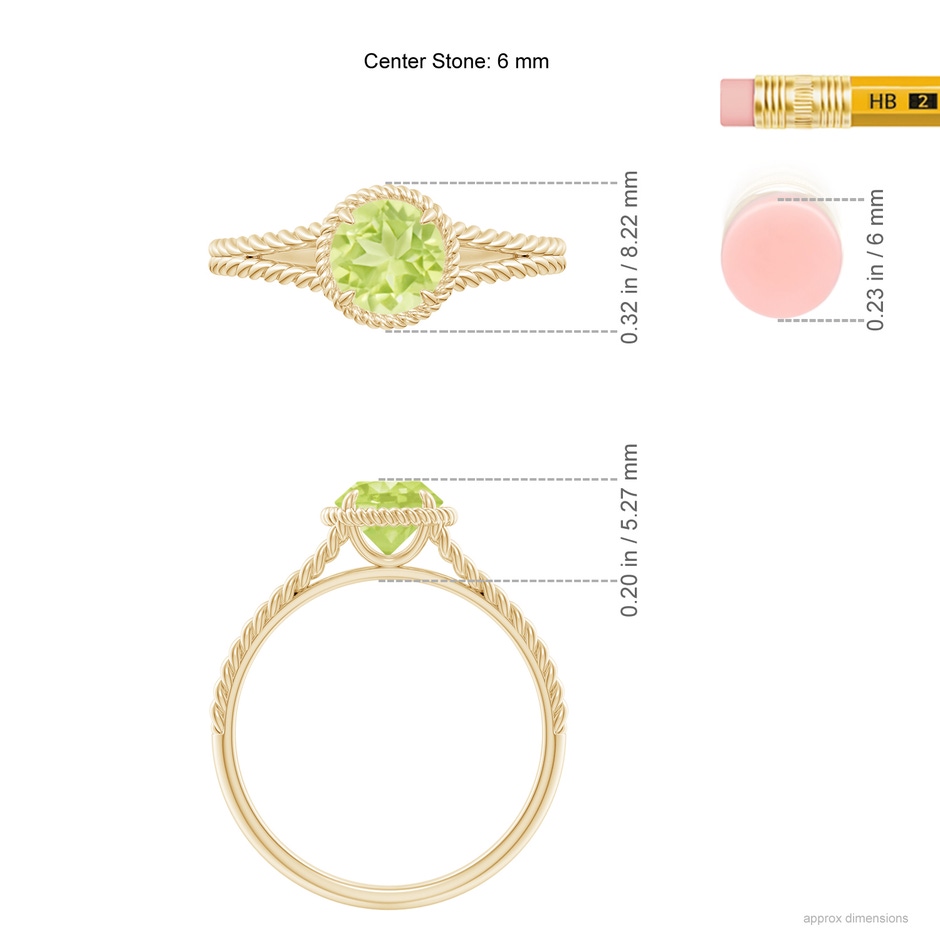 6mm A Peridot Twist Rope Split Shank Ring in Yellow Gold ruler