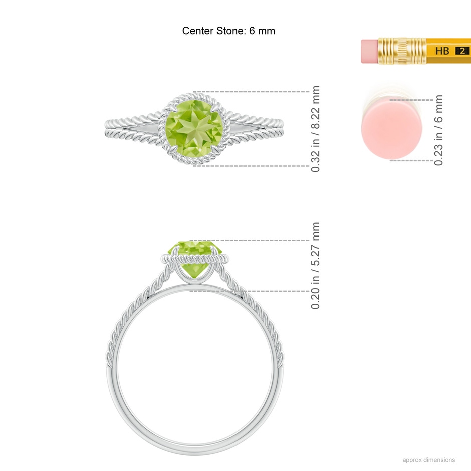 6mm AA Peridot Twist Rope Split Shank Ring in White Gold ruler