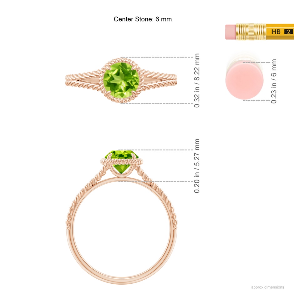 6mm AAA Peridot Twist Rope Split Shank Ring in Rose Gold ruler
