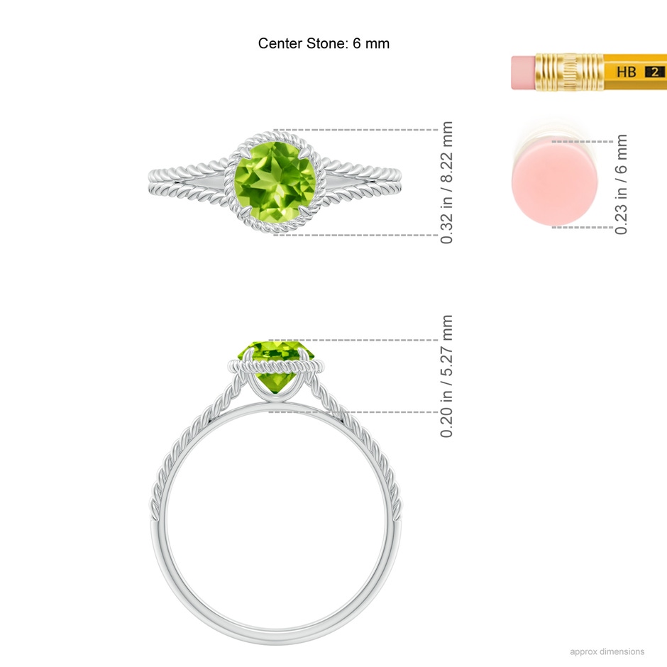 6mm AAA Peridot Twist Rope Split Shank Ring in White Gold ruler