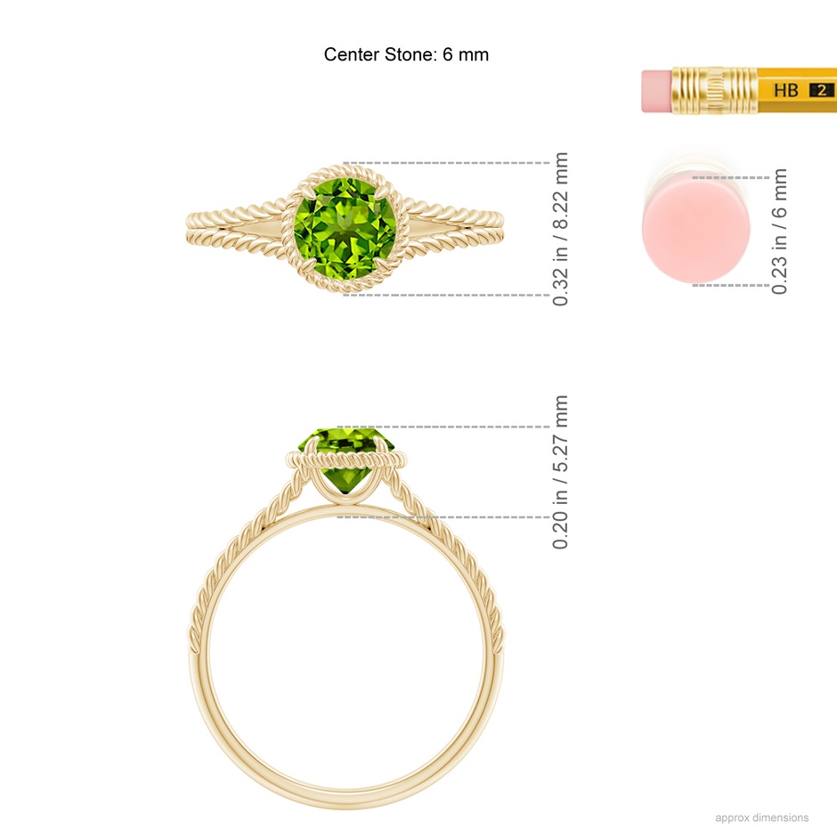 6mm AAAA Peridot Twist Rope Split Shank Ring in Yellow Gold ruler