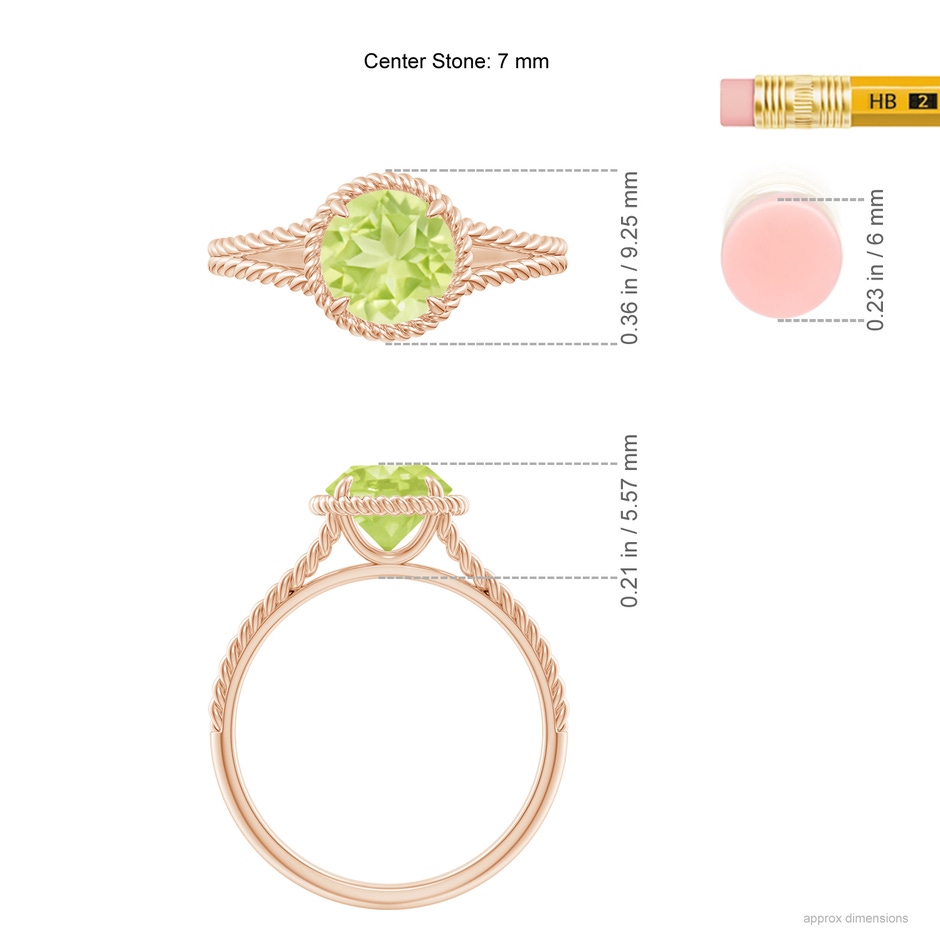 7mm A Peridot Twist Rope Split Shank Ring in Rose Gold ruler