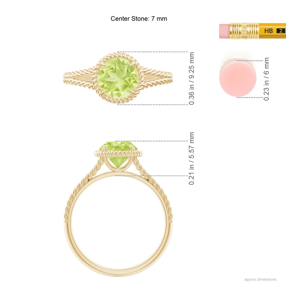 7mm A Peridot Twist Rope Split Shank Ring in Yellow Gold ruler