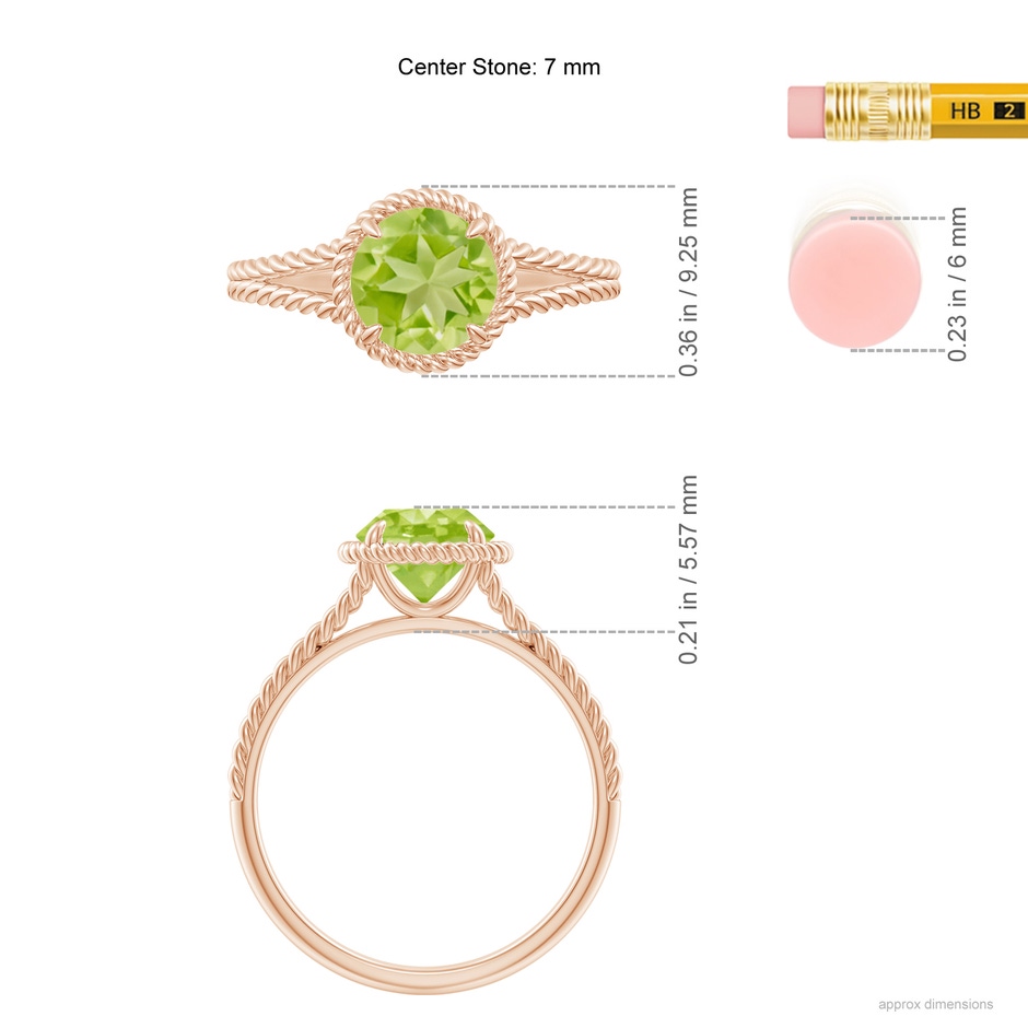 7mm AA Peridot Twist Rope Split Shank Ring in Rose Gold ruler