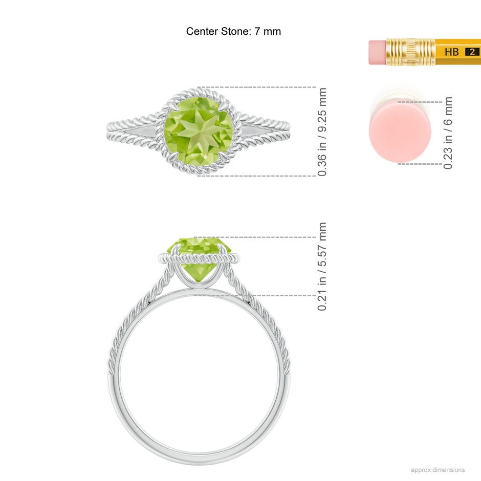 7mm AA Peridot Twist Rope Split Shank Ring in White Gold ruler