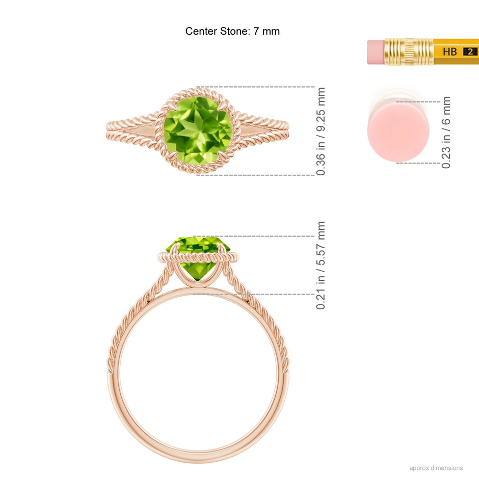 7mm AAA Peridot Twist Rope Split Shank Ring in Rose Gold ruler