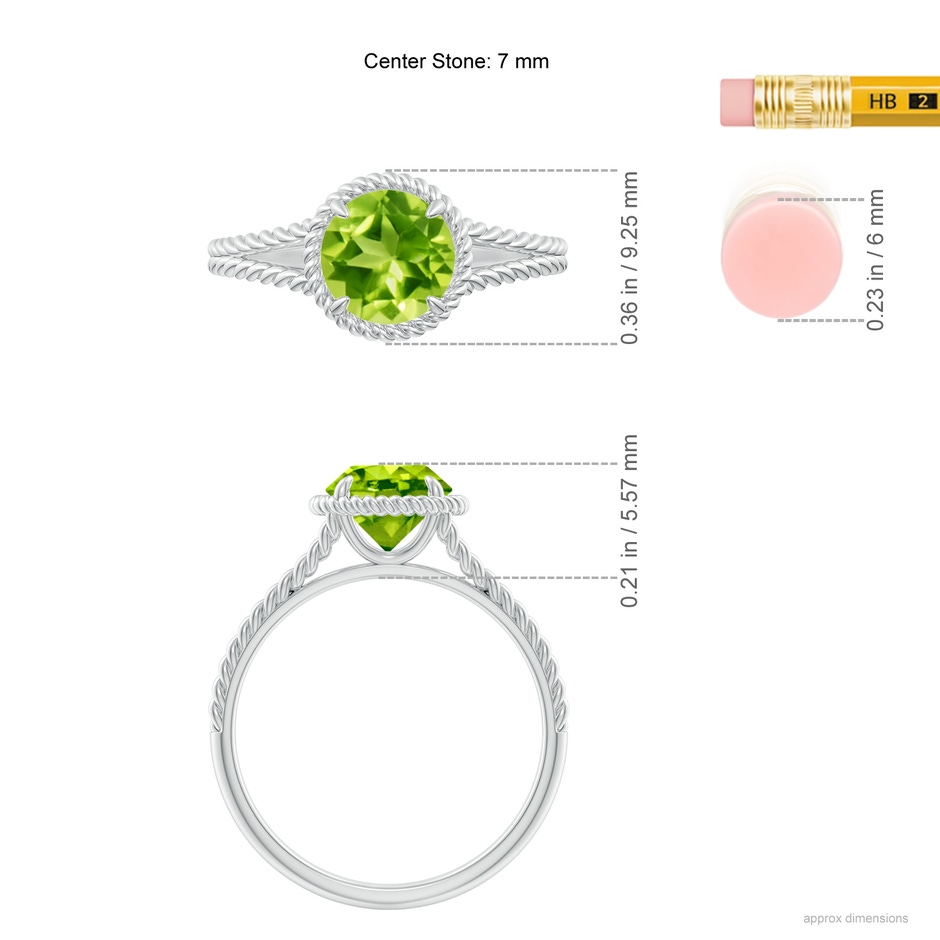 7mm AAA Peridot Twist Rope Split Shank Ring in White Gold ruler