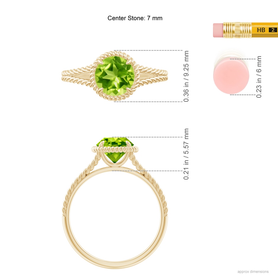 7mm AAA Peridot Twist Rope Split Shank Ring in Yellow Gold ruler