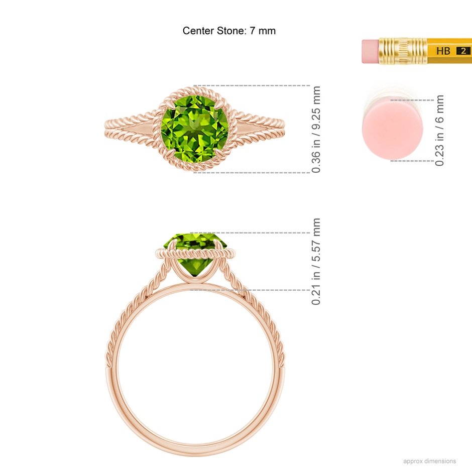 7mm AAAA Peridot Twist Rope Split Shank Ring in Rose Gold ruler