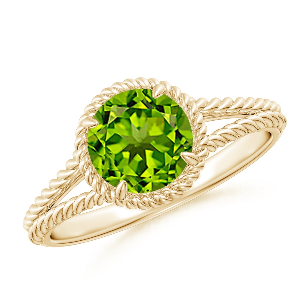 7mm AAAA Peridot Twist Rope Split Shank Ring in Yellow Gold 