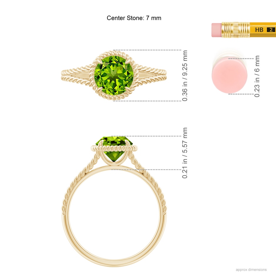 7mm AAAA Peridot Twist Rope Split Shank Ring in Yellow Gold ruler