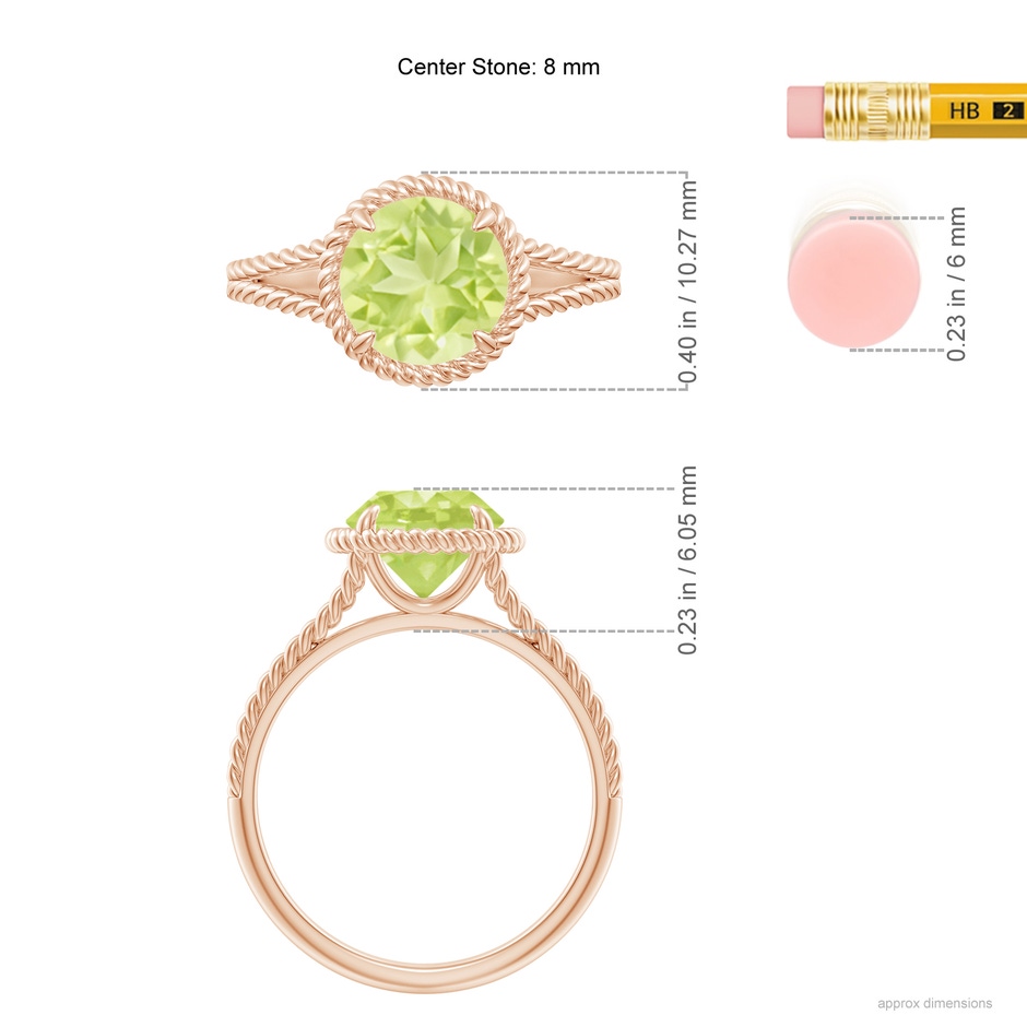 8mm A Peridot Twist Rope Split Shank Ring in Rose Gold ruler