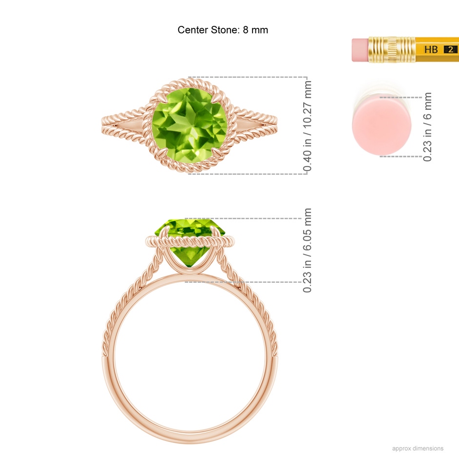 8mm AAA Peridot Twist Rope Split Shank Ring in Rose Gold ruler