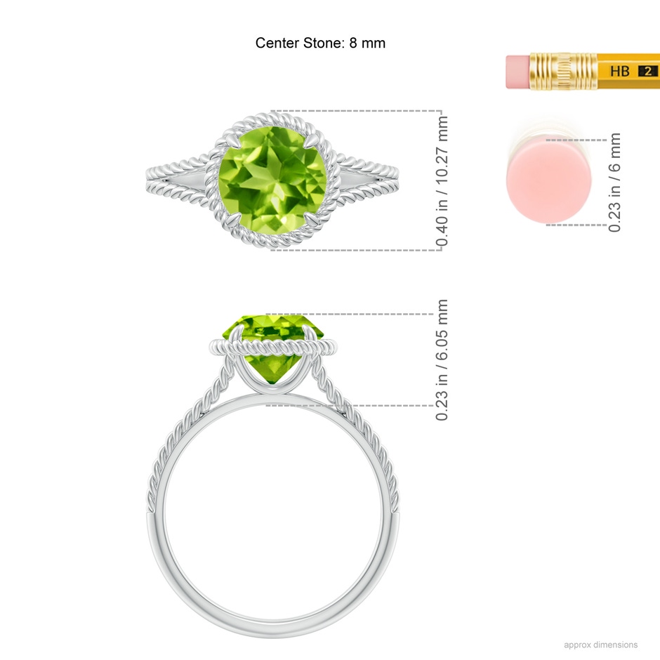8mm AAA Peridot Twist Rope Split Shank Ring in White Gold ruler