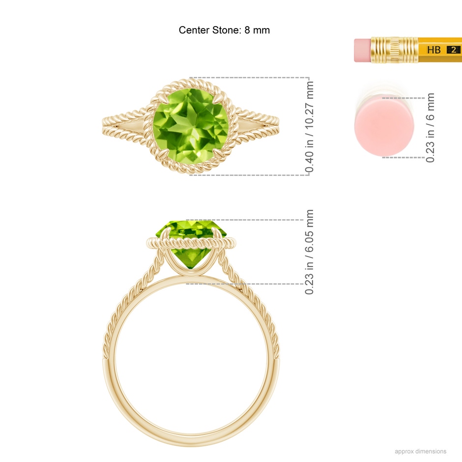 8mm AAA Peridot Twist Rope Split Shank Ring in Yellow Gold ruler