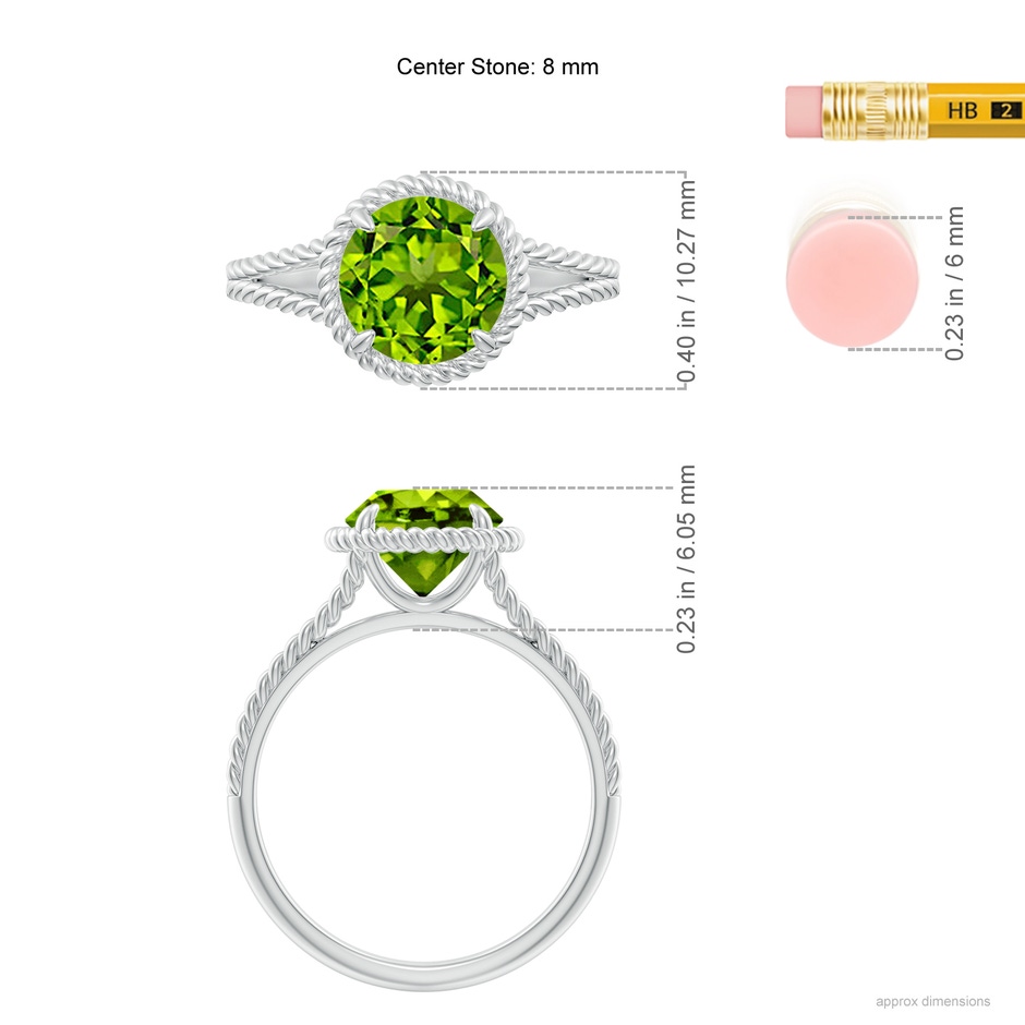 8mm AAAA Peridot Twist Rope Split Shank Ring in White Gold ruler