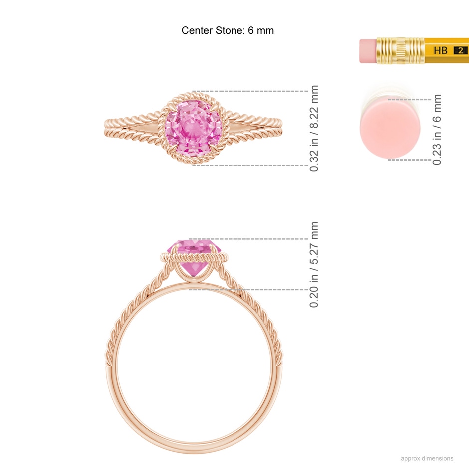 6mm A Pink Sapphire Twist Rope Split Shank Ring in Rose Gold ruler