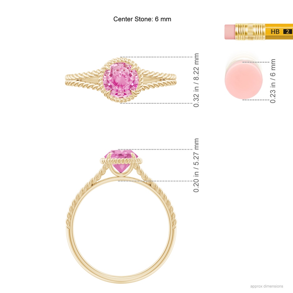 6mm A Pink Sapphire Twist Rope Split Shank Ring in Yellow Gold ruler