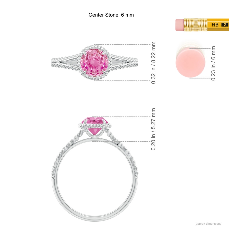 6mm AA Pink Sapphire Twist Rope Split Shank Ring in White Gold ruler