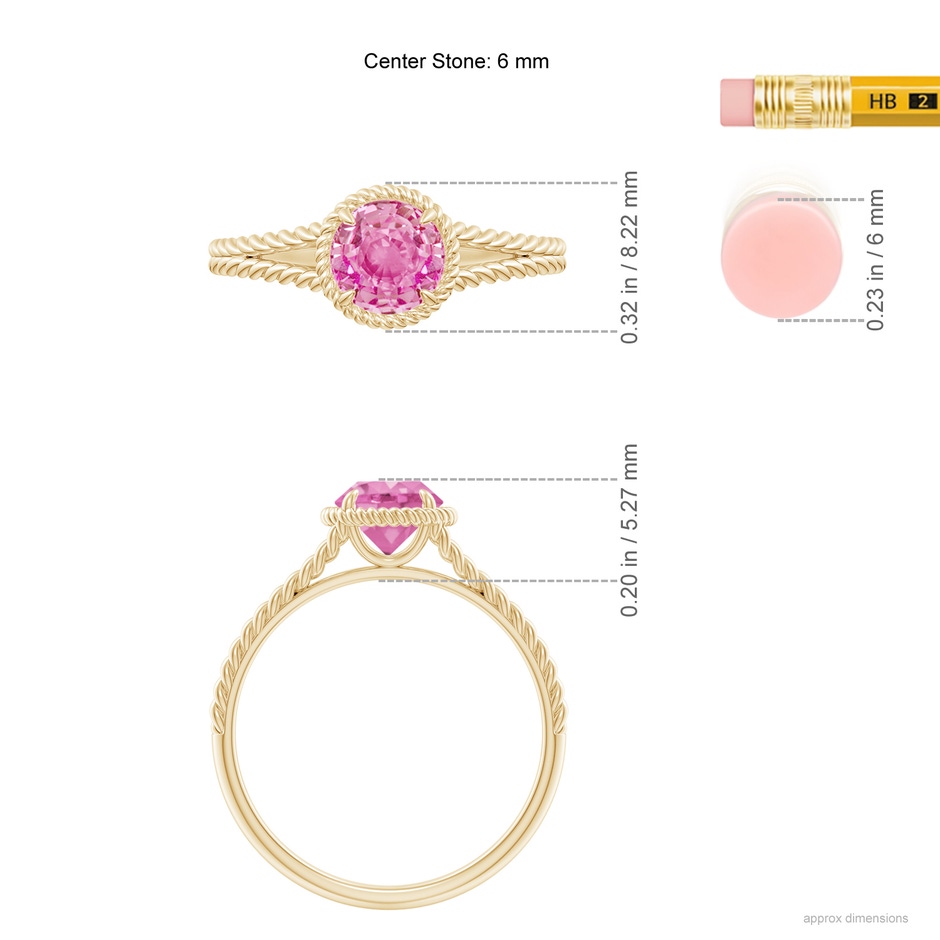 6mm AA Pink Sapphire Twist Rope Split Shank Ring in Yellow Gold ruler