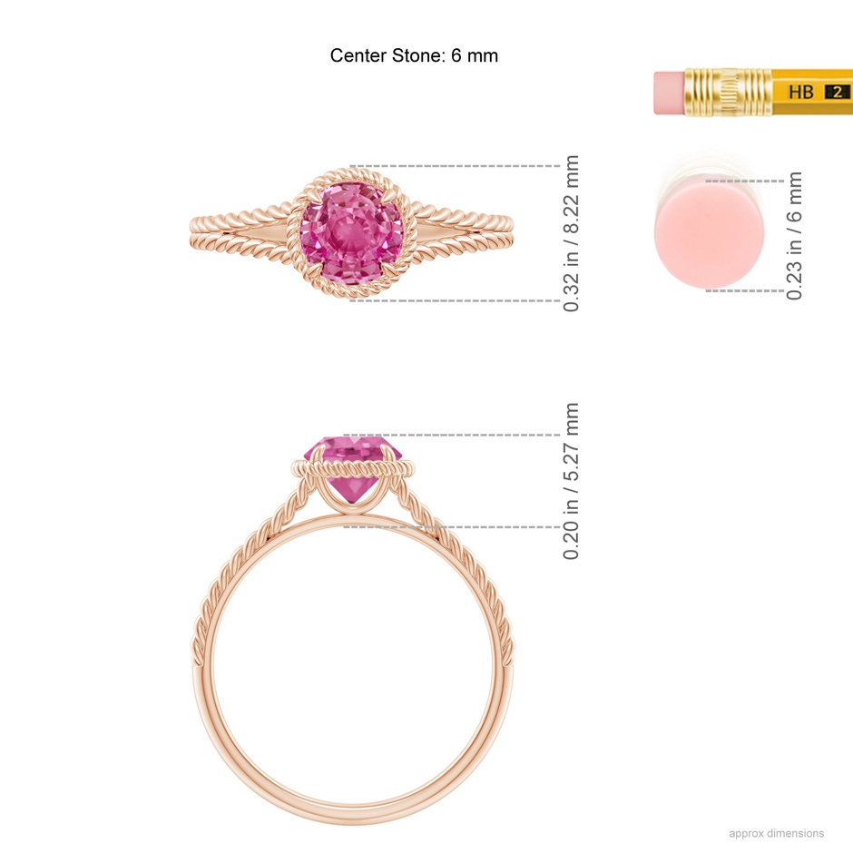 6mm AAA Pink Sapphire Twist Rope Split Shank Ring in Rose Gold ruler