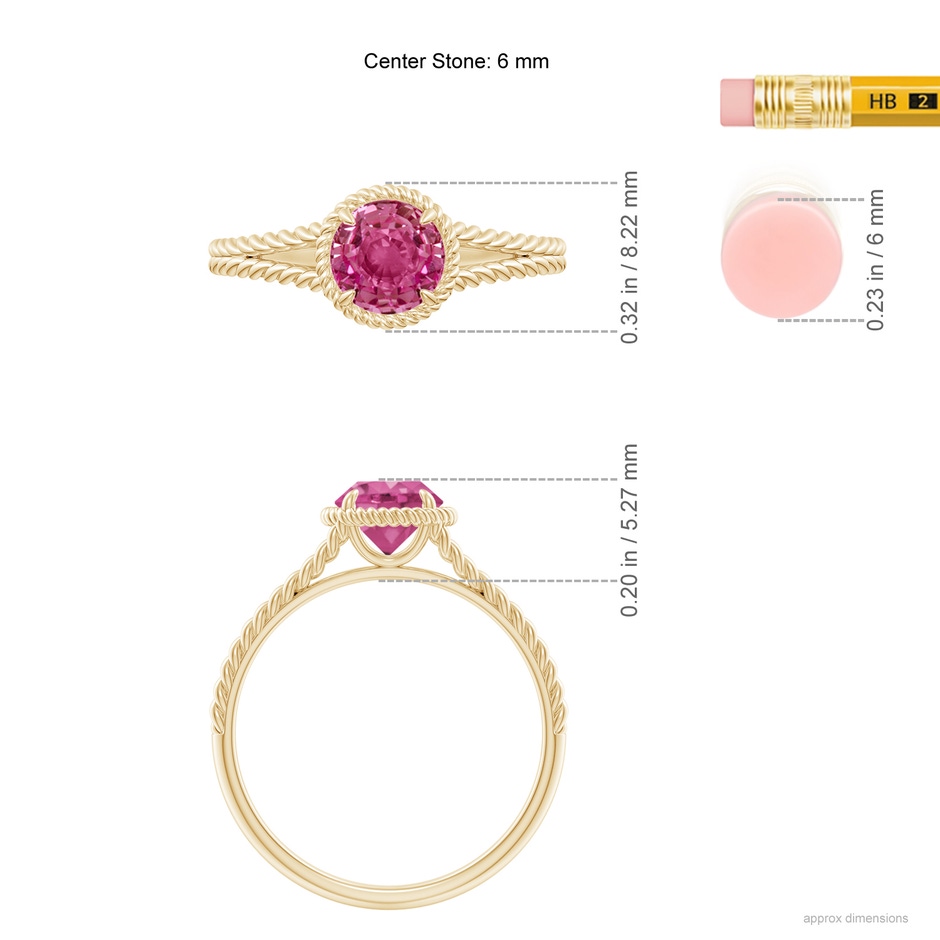 6mm AAAA Pink Sapphire Twist Rope Split Shank Ring in Yellow Gold ruler