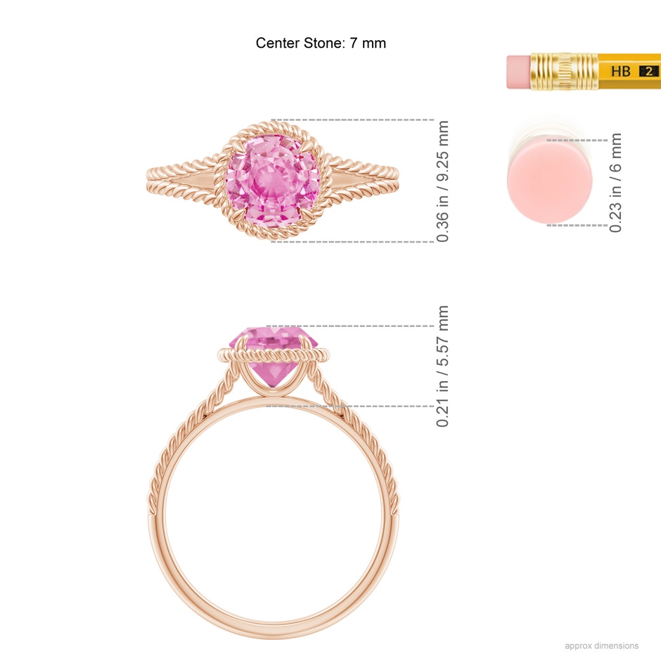 7mm A Pink Sapphire Twist Rope Split Shank Ring in Rose Gold ruler