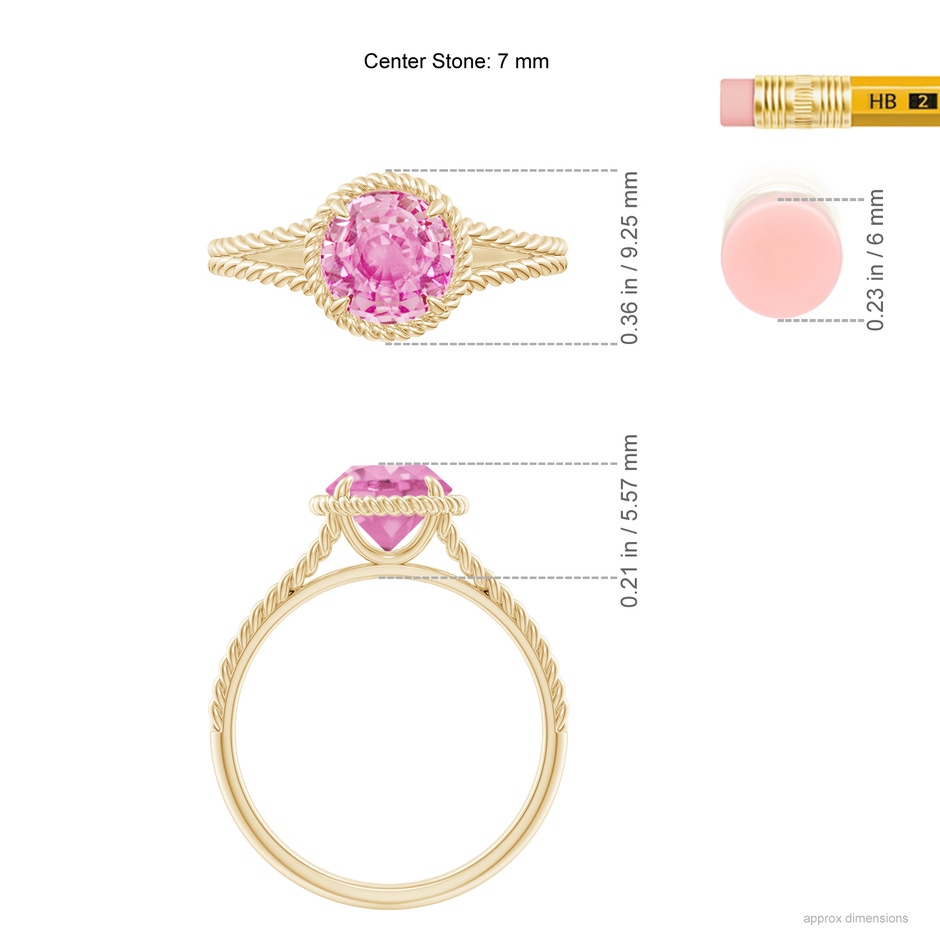 7mm A Pink Sapphire Twist Rope Split Shank Ring in Yellow Gold ruler