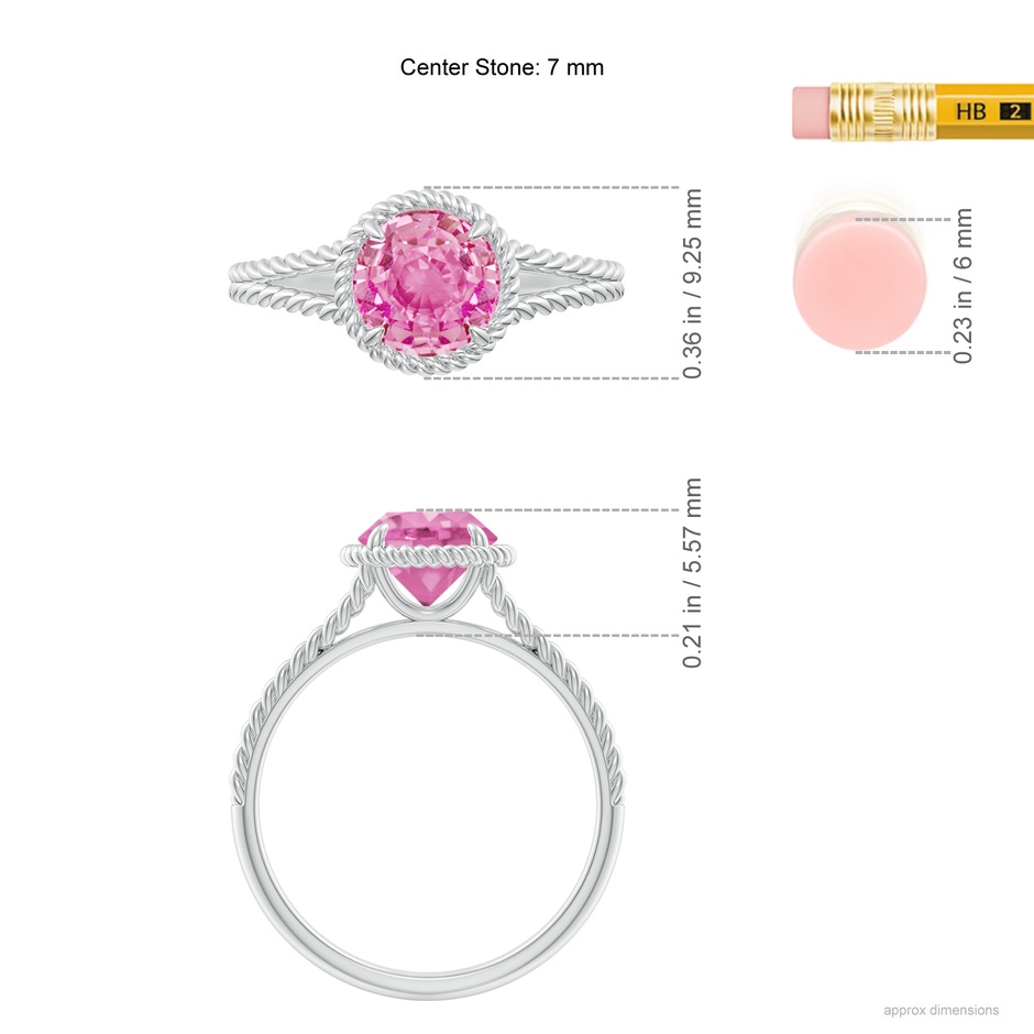 7mm AA Pink Sapphire Twist Rope Split Shank Ring in White Gold ruler