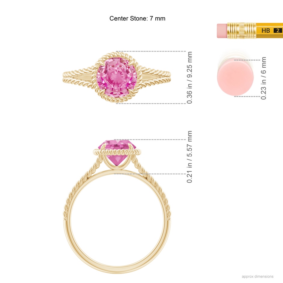 7mm AA Pink Sapphire Twist Rope Split Shank Ring in Yellow Gold ruler