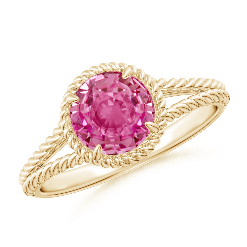 7mm AAA Pink Sapphire Twist Rope Split Shank Ring in Yellow Gold 