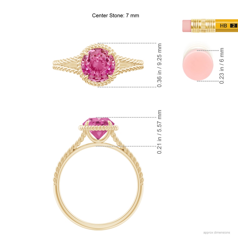 7mm AAA Pink Sapphire Twist Rope Split Shank Ring in Yellow Gold ruler
