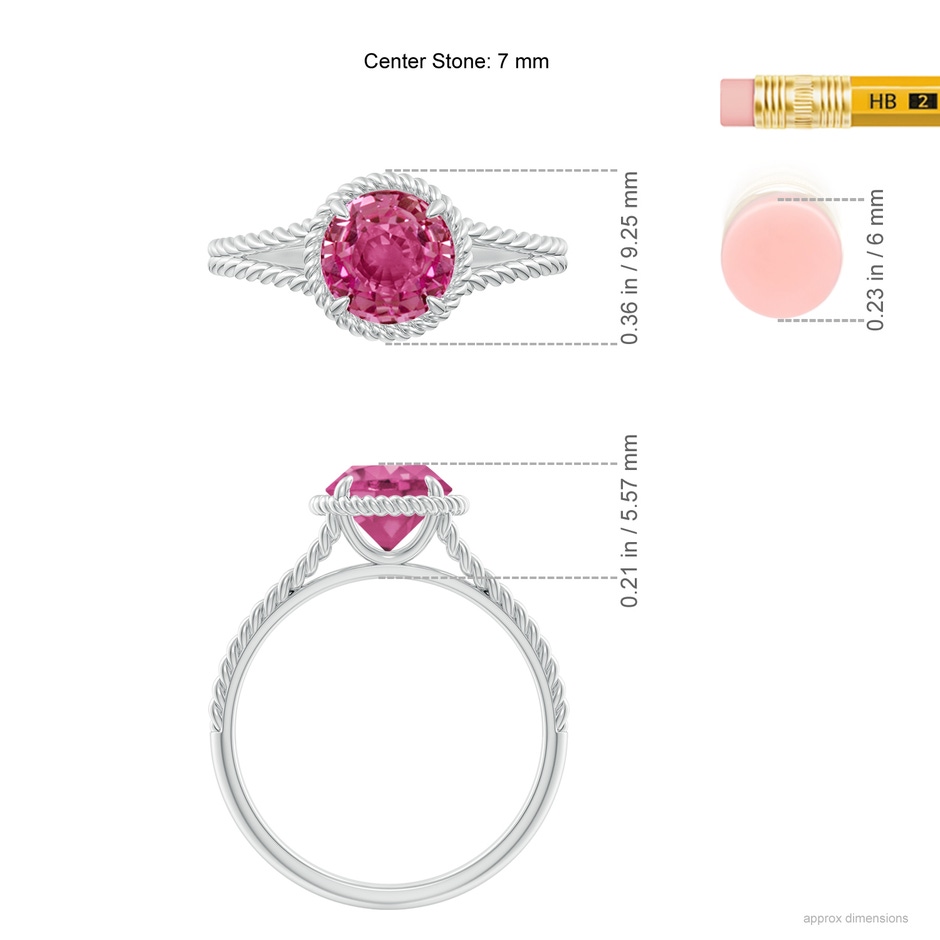 7mm AAAA Pink Sapphire Twist Rope Split Shank Ring in White Gold ruler