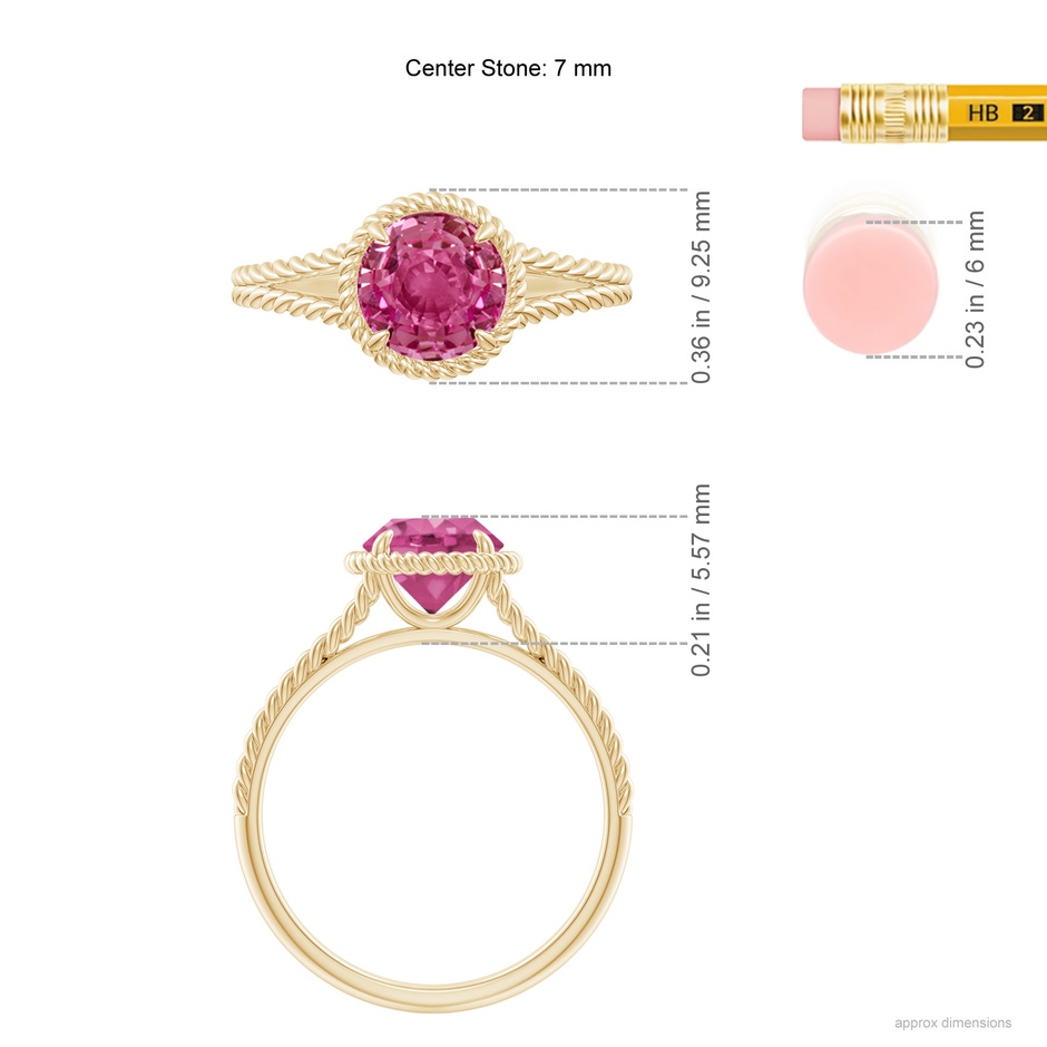 7mm AAAA Pink Sapphire Twist Rope Split Shank Ring in Yellow Gold ruler