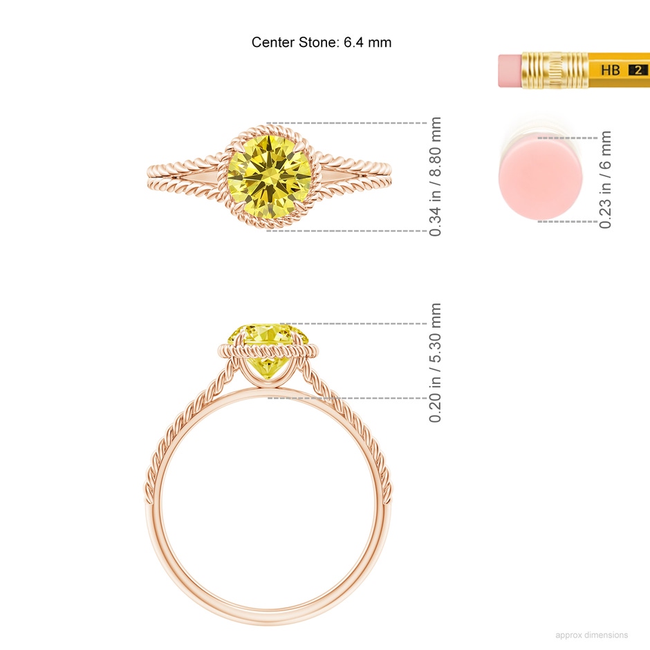 6.4mm AAAA Fancy Intense Yellow Diamond Twist Rope Split Shank Ring in Rose Gold ruler