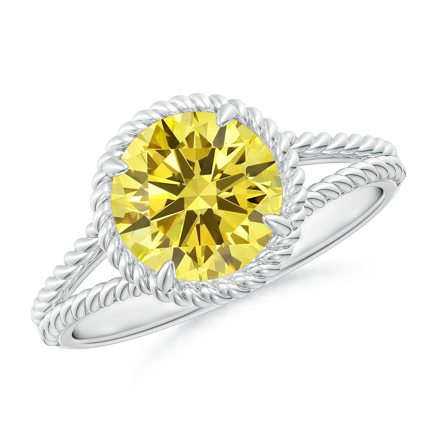 Angara 2.0 CTW Fancy Intense Yellow Diamond Twist Rope Split Shank Engagement Ring in 18K White Gold